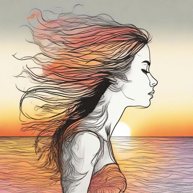 Compose a detailed drawing of a side-profile woman on the beach at sunset, her hair artistically represented by vibrant flames.