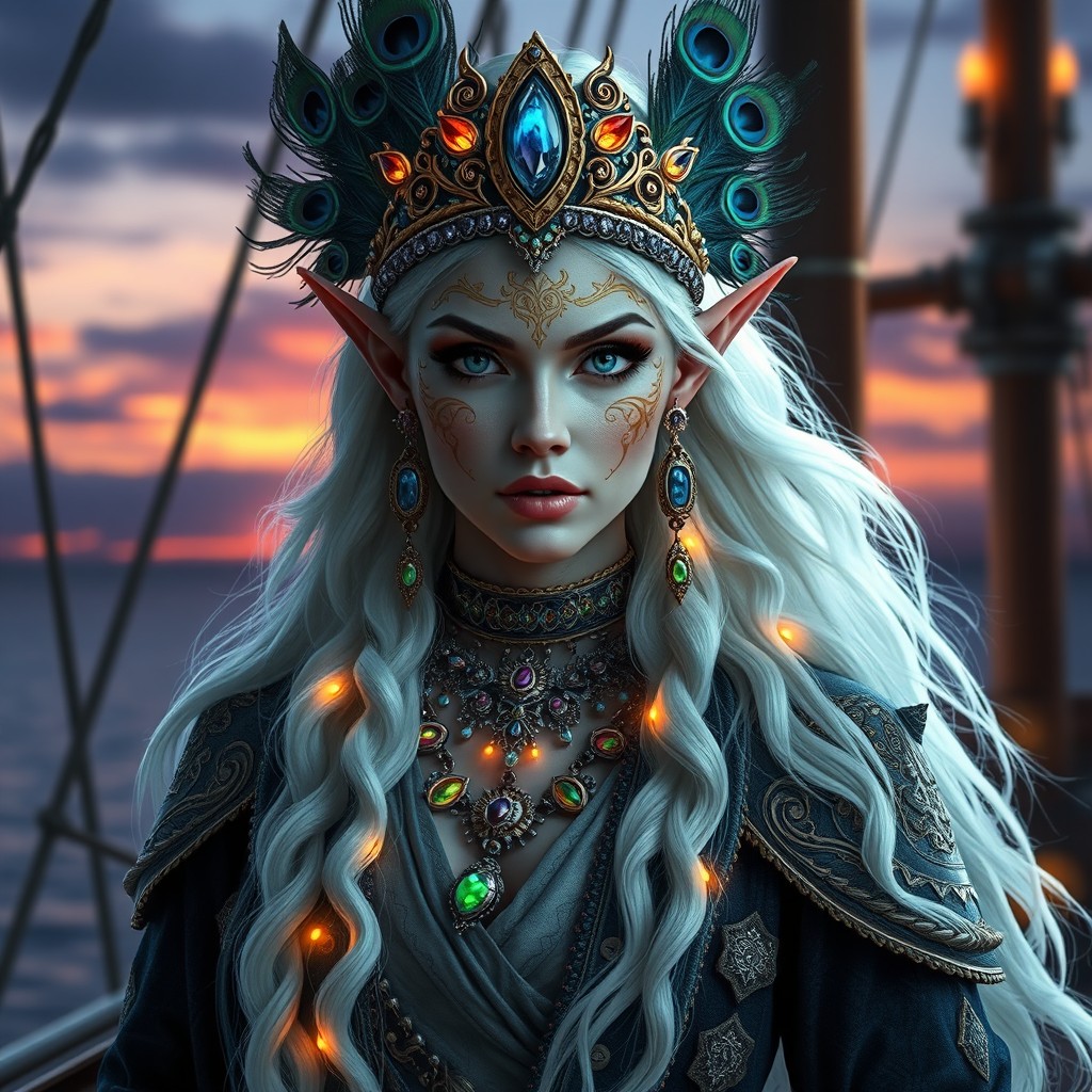 A hyper-realistic depiction of an elven pirate woman with long, flowing white hair that glows subtly