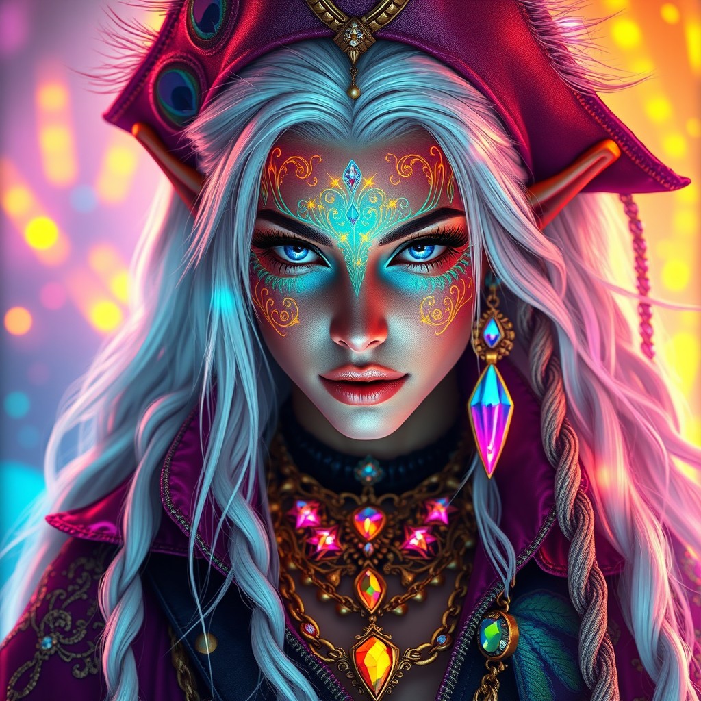 A hyper-realistic fantasy portrait of an elven pirate featuring extremely long, iridescent white hair that shimmers with a rainbow effect