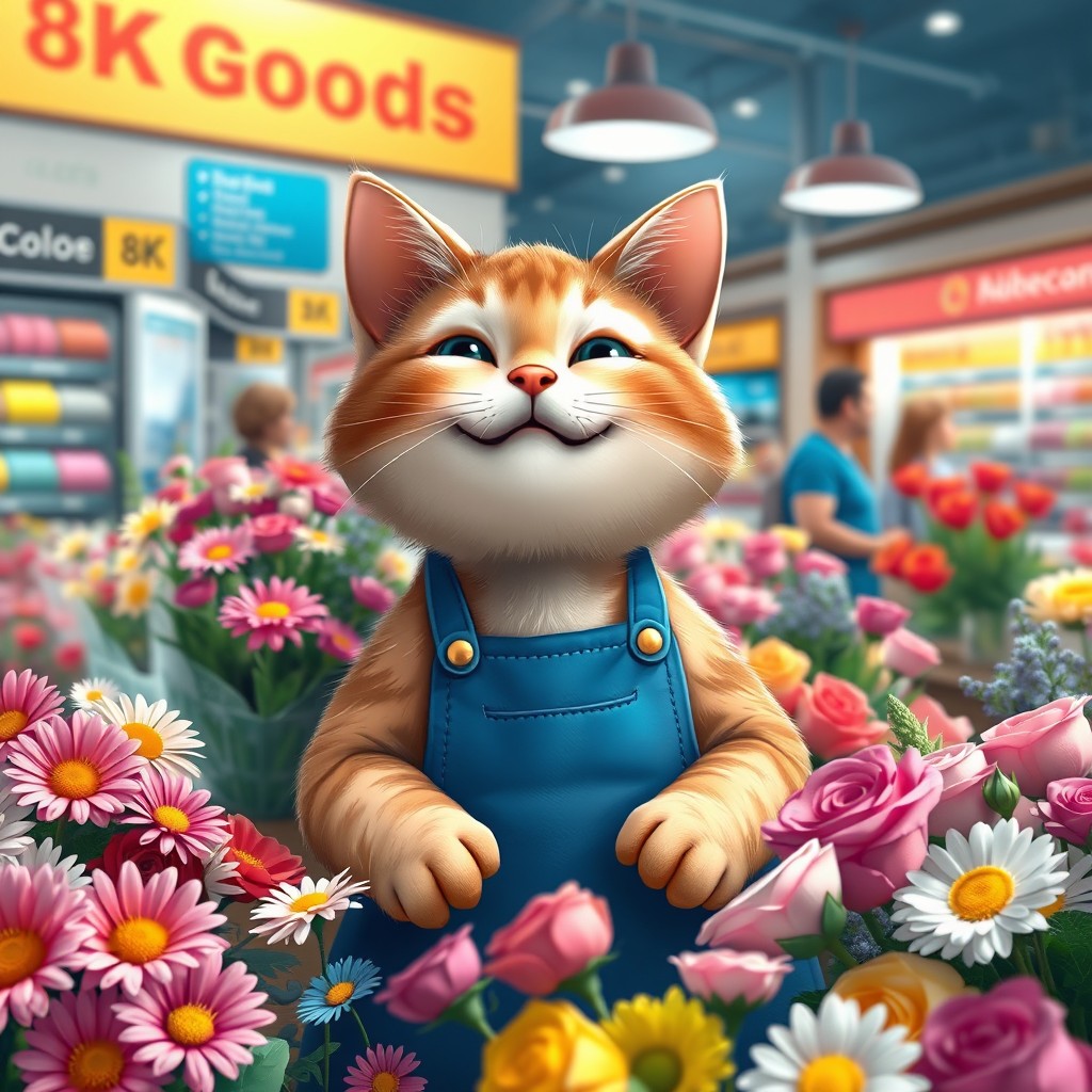 A cute cat wearing a blue apron, cheerfully selling a variety of colorful flowers in a supermarket setting