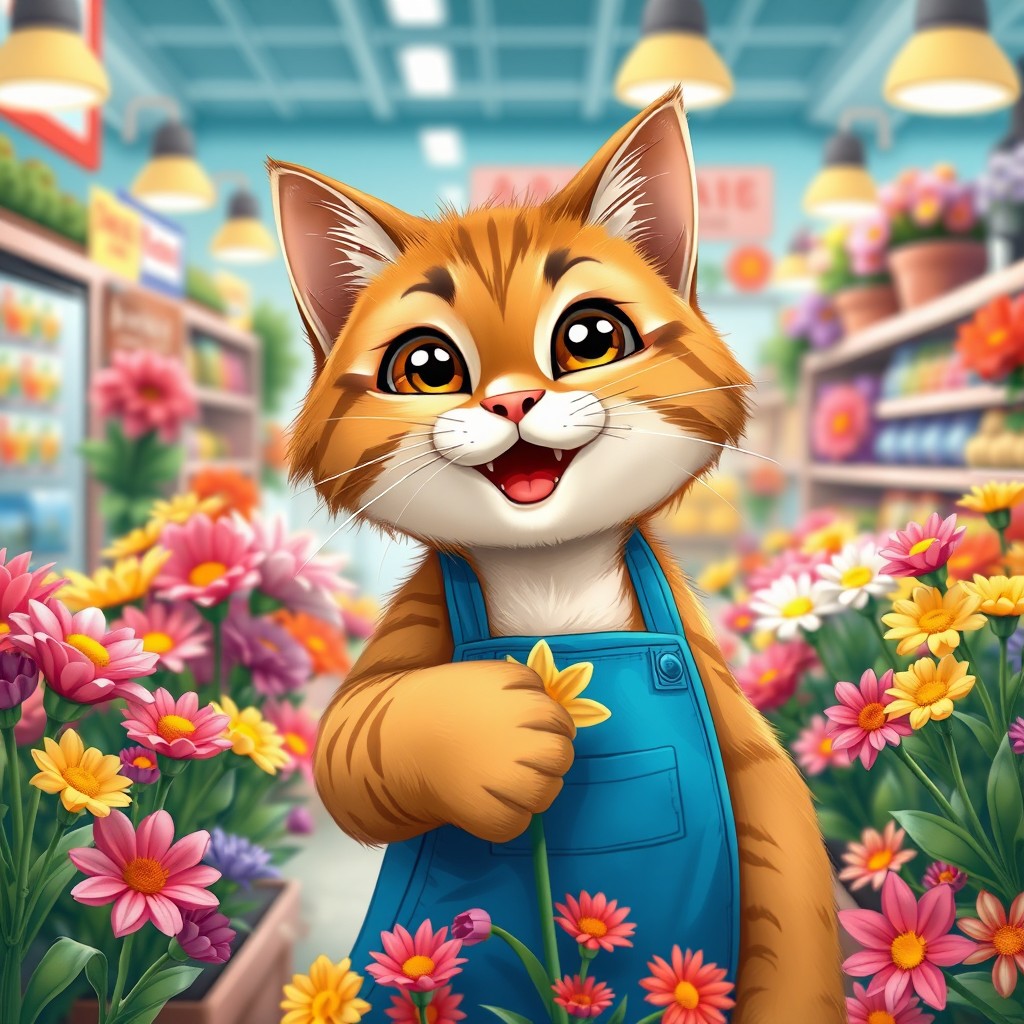A cute cat wearing a blue apron is joyfully selling a variety of colorful flowers in a bright and cheerful supermarket setting