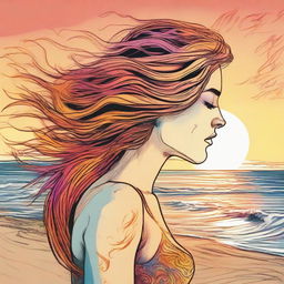 Compose a detailed drawing of a side-profile woman on the beach at sunset, her hair artistically represented by vibrant flames.