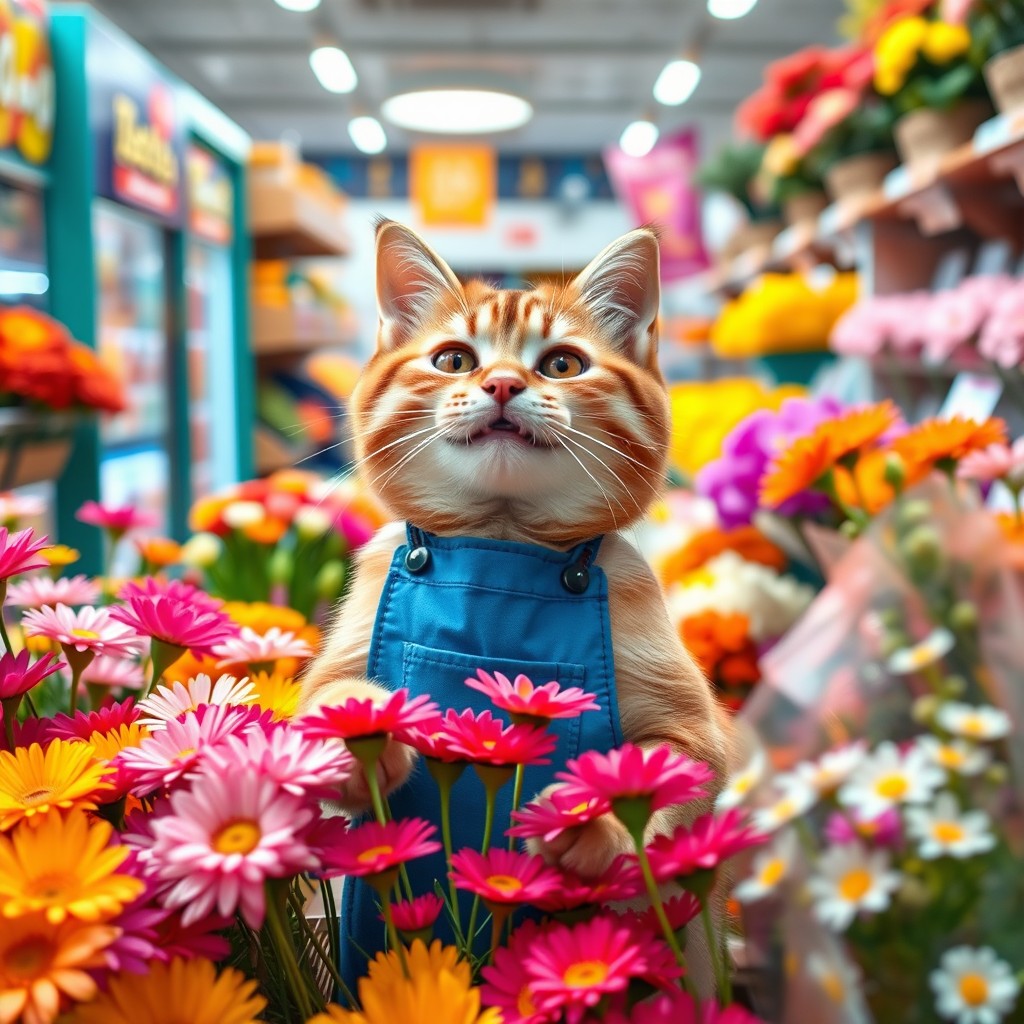A cute cat wearing a blue apron cheerfully selling colorful flowers in a vibrant supermarket