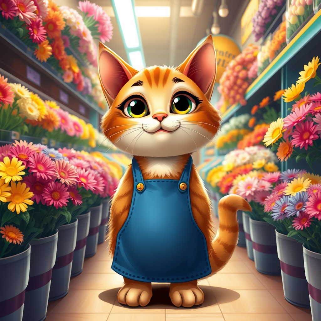 A cute cat wearing a blue apron, standing in a vibrant supermarket filled with colorful flowers in various shades