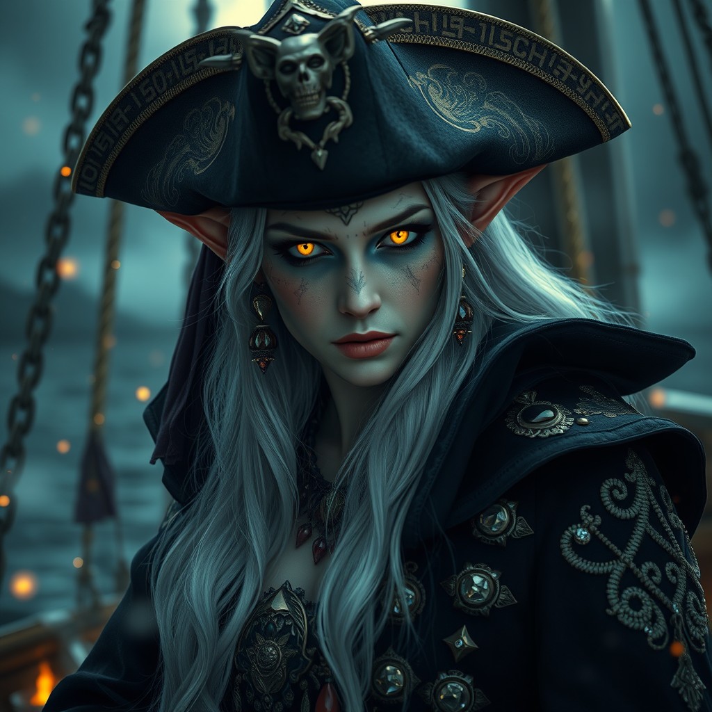 A photorealistic portrayal of a dark elven pirate queen featuring long, shimmering white hair and glowing facial tattoos