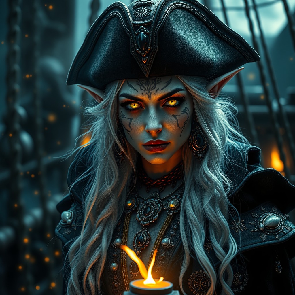A photorealistic portrayal of a dark elven pirate queen characterized by her long, shimmering white hair and glowing facial tattoos