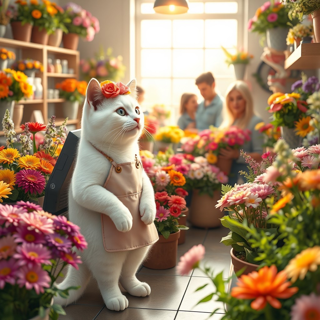 A realistic scene of a white cat standing at a cashier counter, selling flowers to customers
