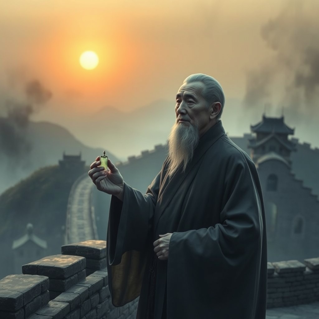 A ghostly figure of a man with an aged yet wise expression, dressed in traditional Chinese robes, stands at the Great Wall under a rising sun