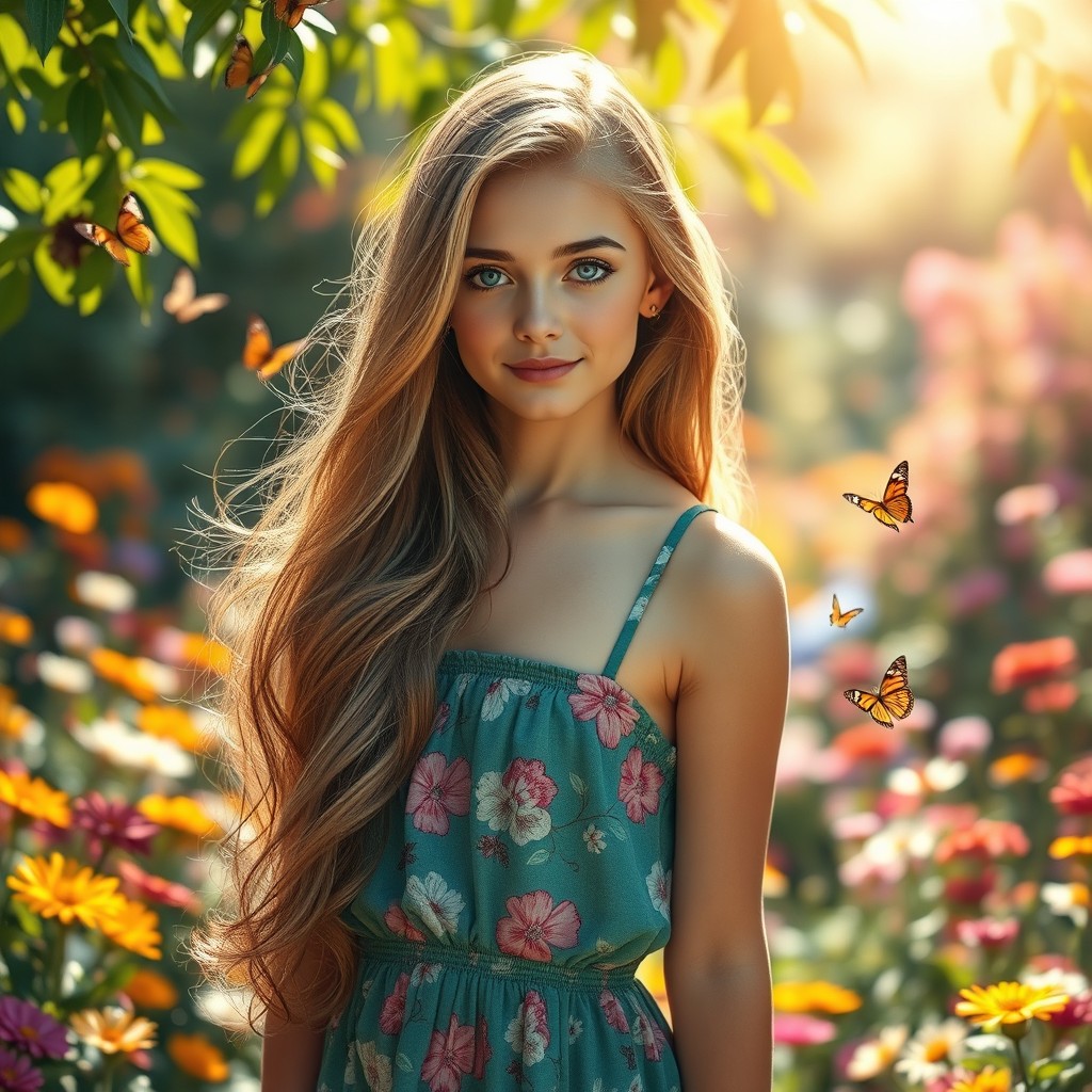 A stunningly beautiful girl, with long flowing hair and captivating blue eyes, posing elegantly in a vibrant garden full of colorful flowers, wearing a stylish summer dress that complements her figure