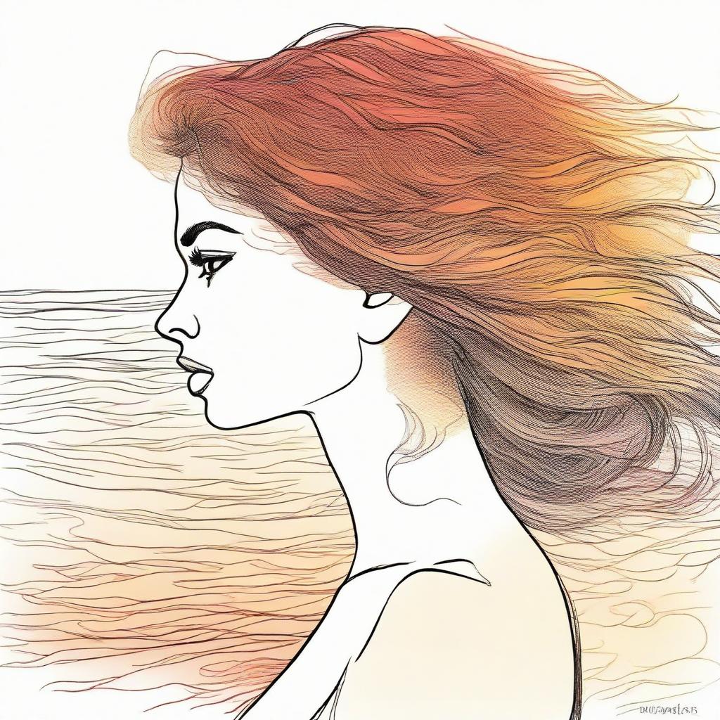 Compose a detailed drawing of a side-profile woman on the beach at sunset, her hair artistically represented by vibrant flames.