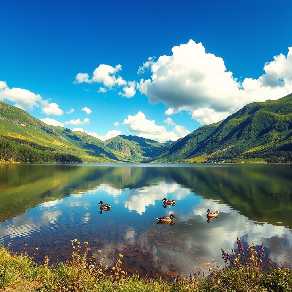 A serene landscape featuring a beautiful lake surrounded by lush green mountains, under a bright blue sky with fluffy white clouds