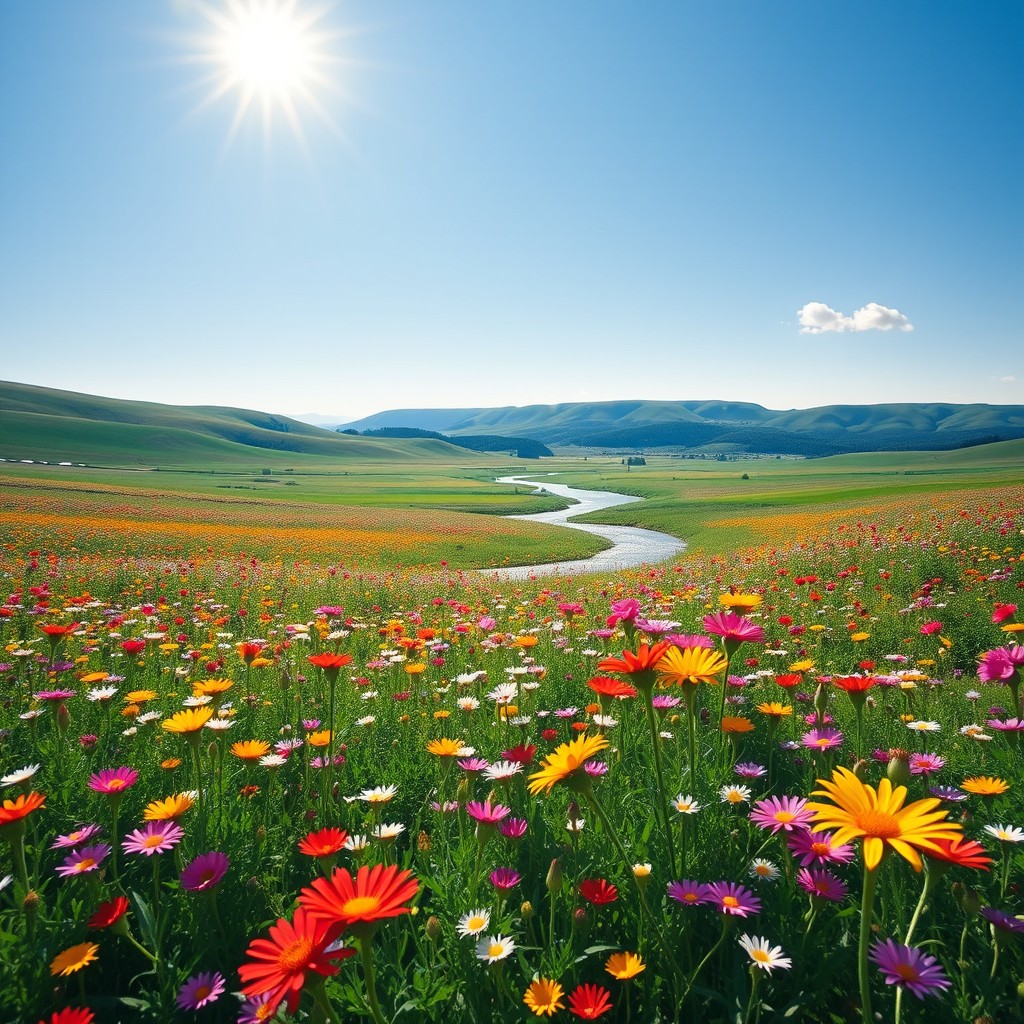 A serene and beautifully clean landscape scene, featuring a vast field of vibrant wildflowers in various colors, under a clear blue sky