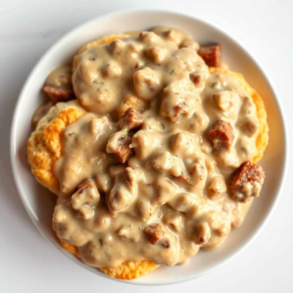 A photorealistic overhead view of a pristine white plate filled with golden-brown biscuits smothered in creamy sausage gravy