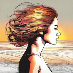 Compose a detailed drawing of a side-profile woman on the beach at sunset, her hair artistically represented by vibrant flames.