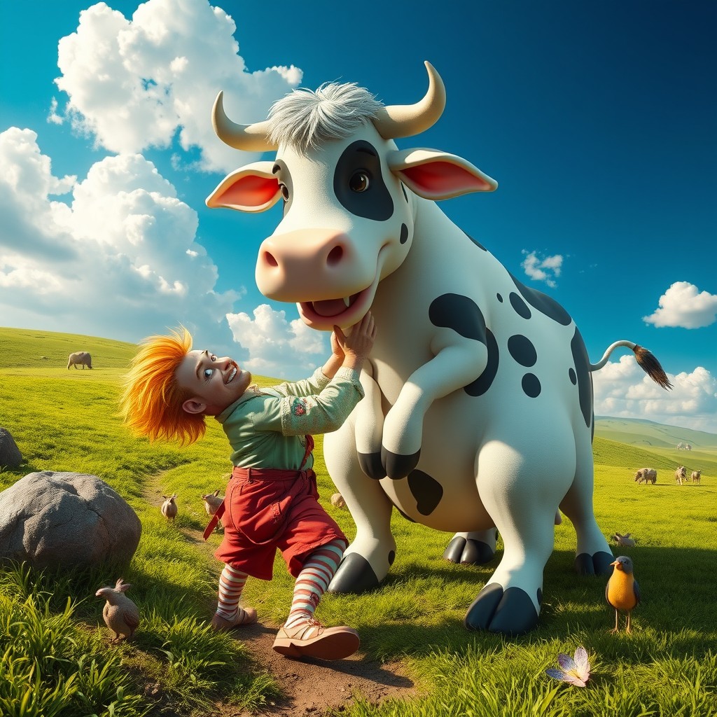 A surreal and imaginative scene depicting a fantastical creature resembling a man interacting playfully with a giant, cartoonish cow in a whimsical landscape