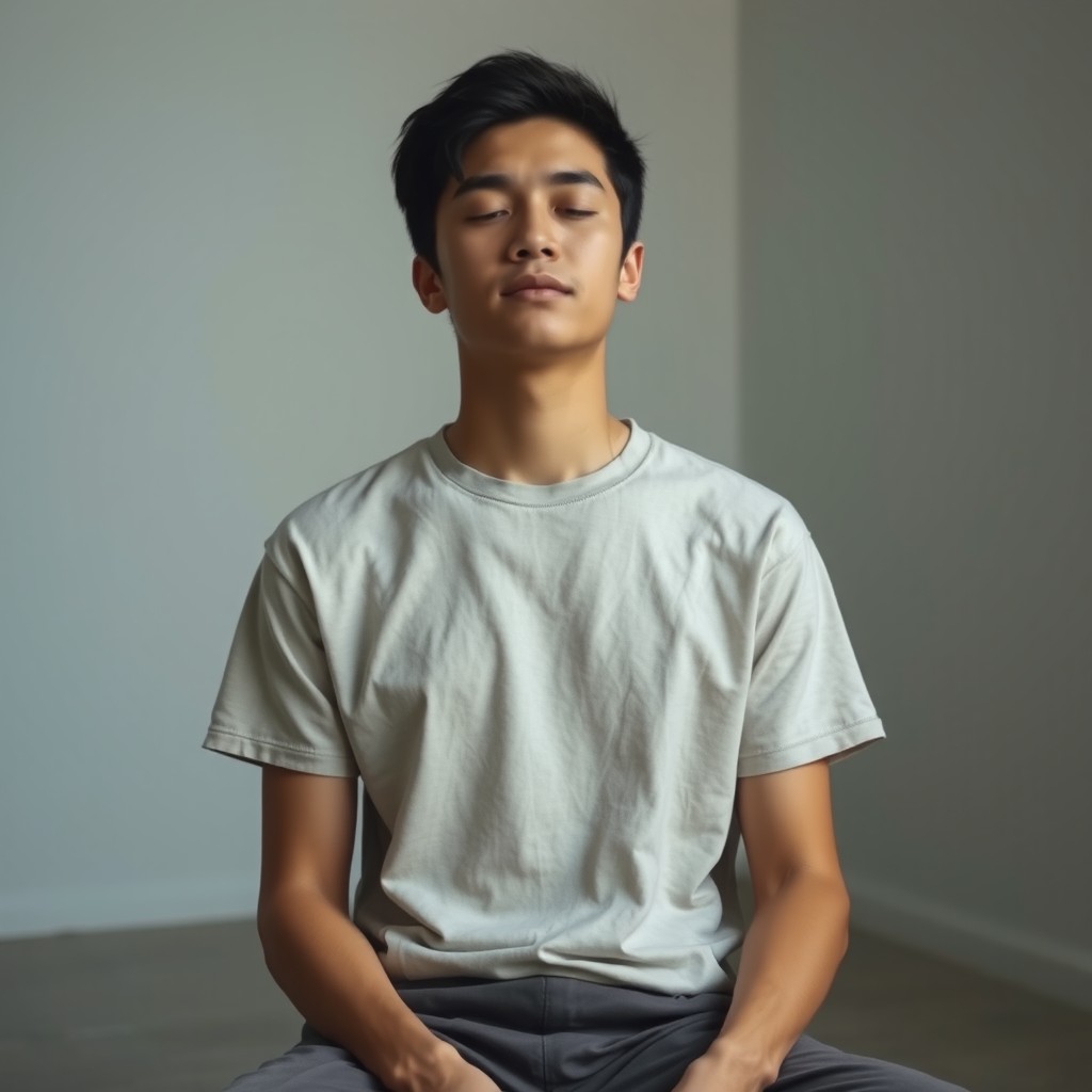 A neutral-looking young adult, around 30-35 years old, sitting alone in a quiet room