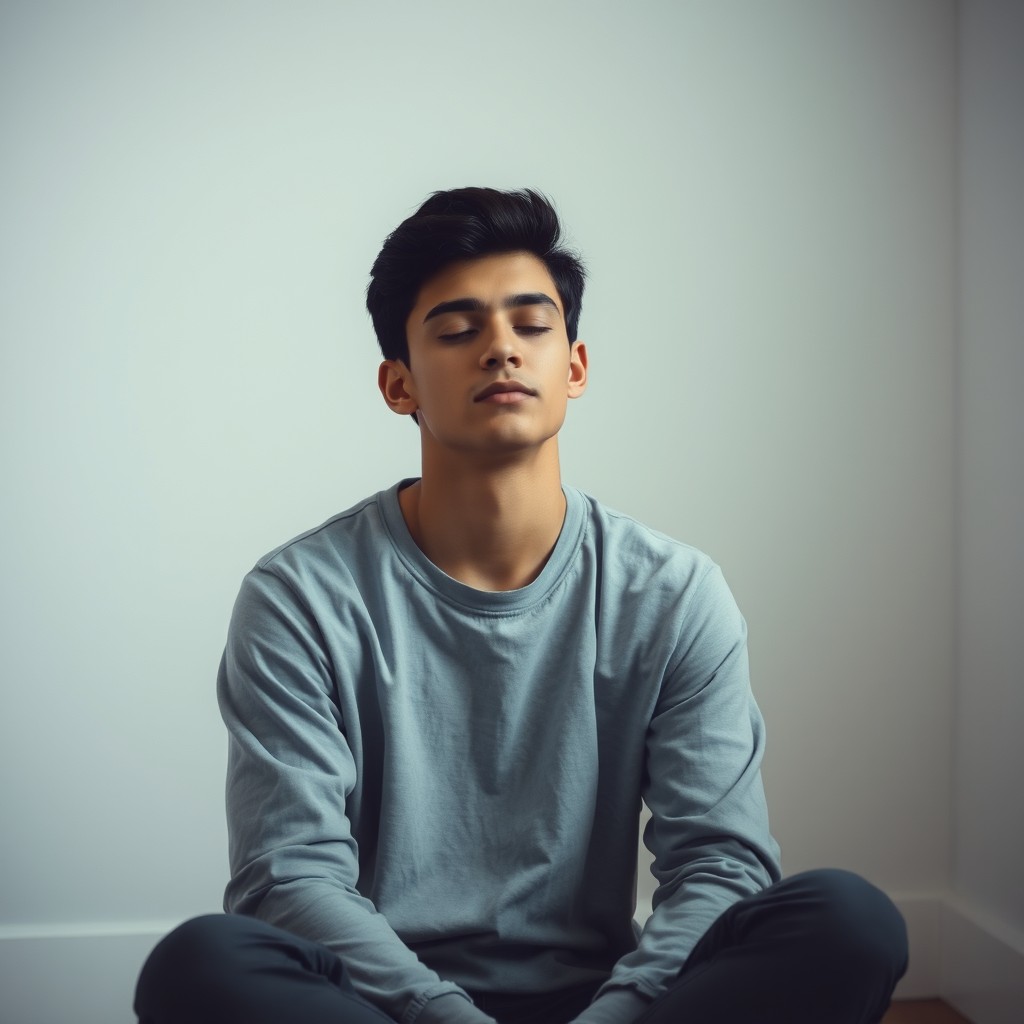 A neutral-looking young adult, aged around 30-35, wearing simple and comfortable clothing, sitting alone in a quiet, softly lit room