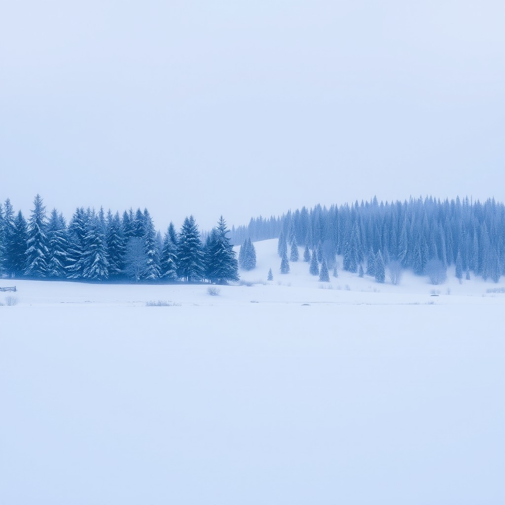A serene winter landscape featuring a cover of pristine white snow blanketing rolling hills, with softly falling snowflakes creating a magical atmosphere