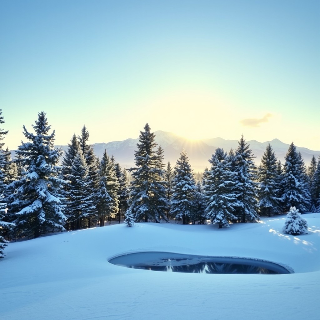 A beautiful, serene winter landscape featuring a blanket of fresh snow covering the ground and the branches of tall pine trees