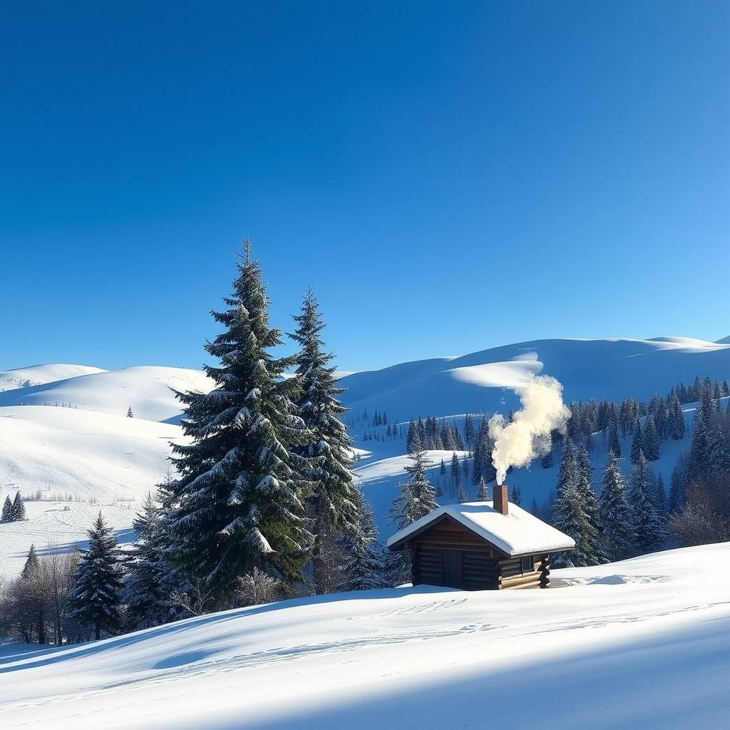 A serene winter landscape featuring a blanket of fresh white snow covering rolling hills, a clear blue sky above, and the sun casting soft shadows