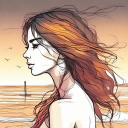 Sketch a detailed image of a side-profile woman during sunset at a beach, her hair imaginatively composed of bright flames.