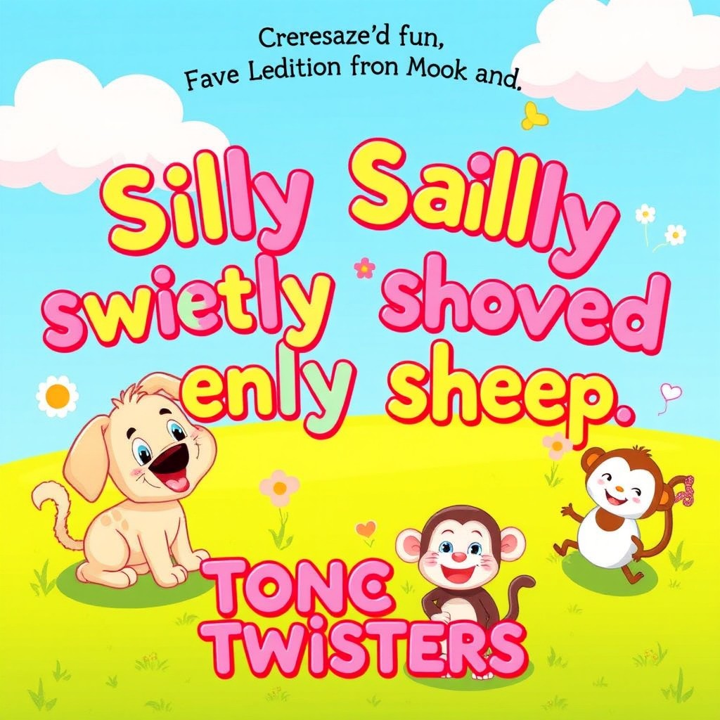 A colorful and playful illustration for a children's book featuring fun and engaging tongue twisters
