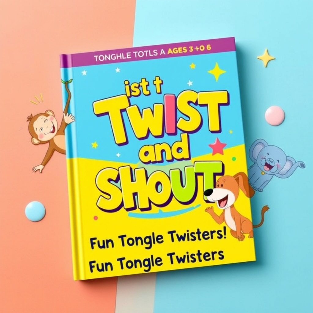 A colorful and playful book cover design for a children's tongue twister book aimed at ages 3 to 6