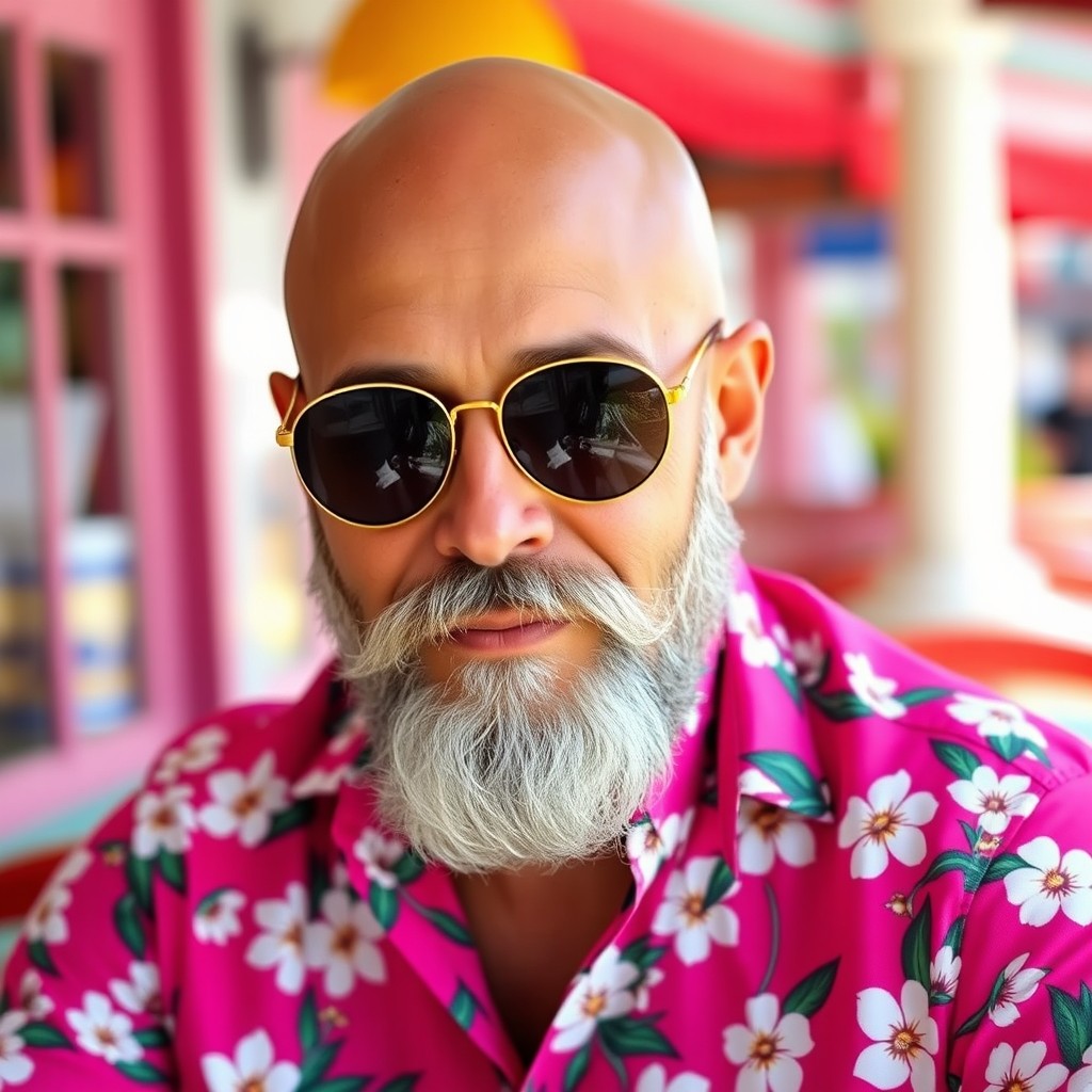 A bald man with a distinguished gray beard, wearing a stylish pink shirt featuring a vibrant pattern of white flowers