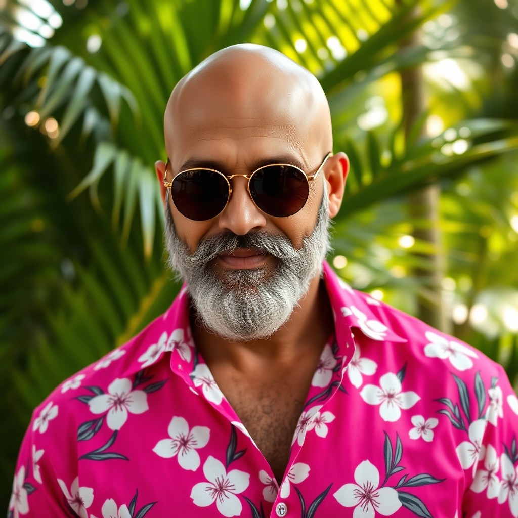 A bald man with a stylish gray beard, wearing a vibrant pink shirt adorned with a beautiful pattern of white flowers