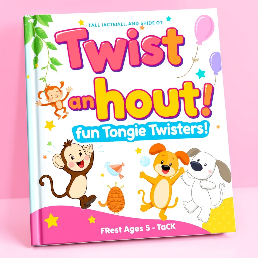 A vibrant and engaging book cover design for a children's tongue twister book targeting ages 3 to 6