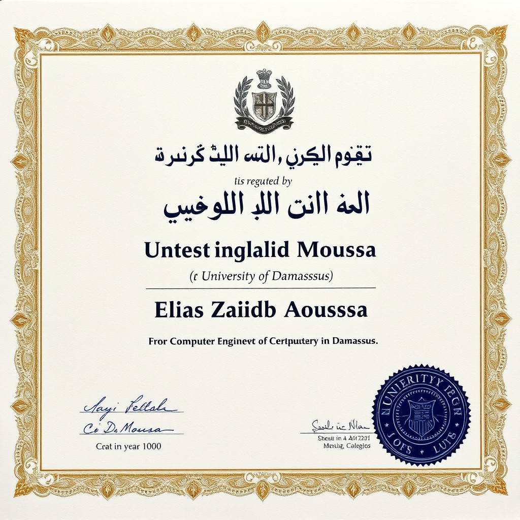 A realistic and detailed graduation certificate for a degree in computer engineering, issued by the University of Damascus