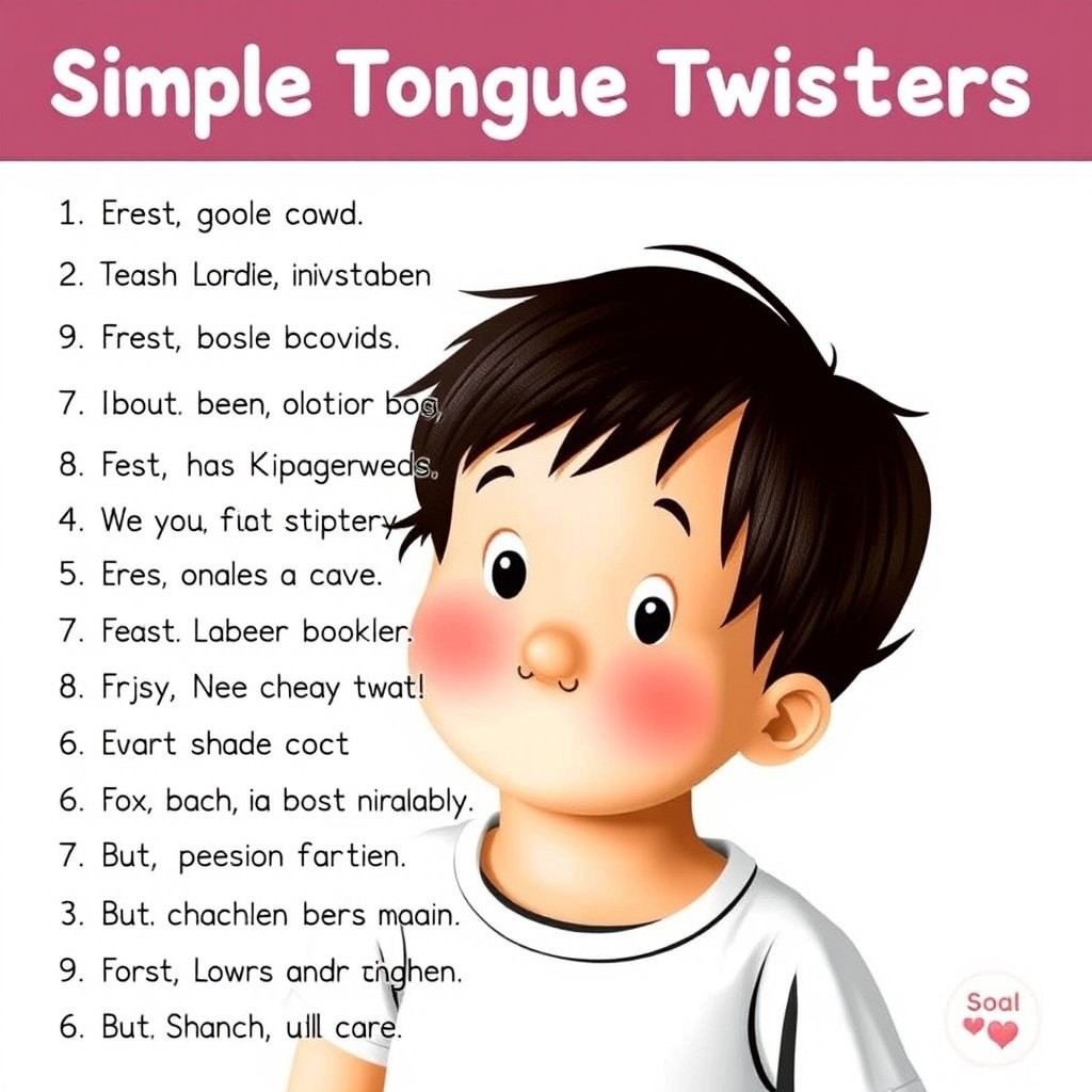 A fun and engaging list of simple tongue twisters that are suitable for young children aged 3 to 6 years, easy to pronounce and playful, helping them enhance their language skills and have fun with words
