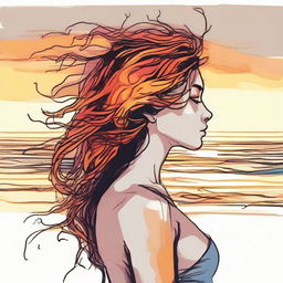 Sketch a detailed image of a side-profile woman during sunset at a beach, her hair imaginatively composed of bright flames.