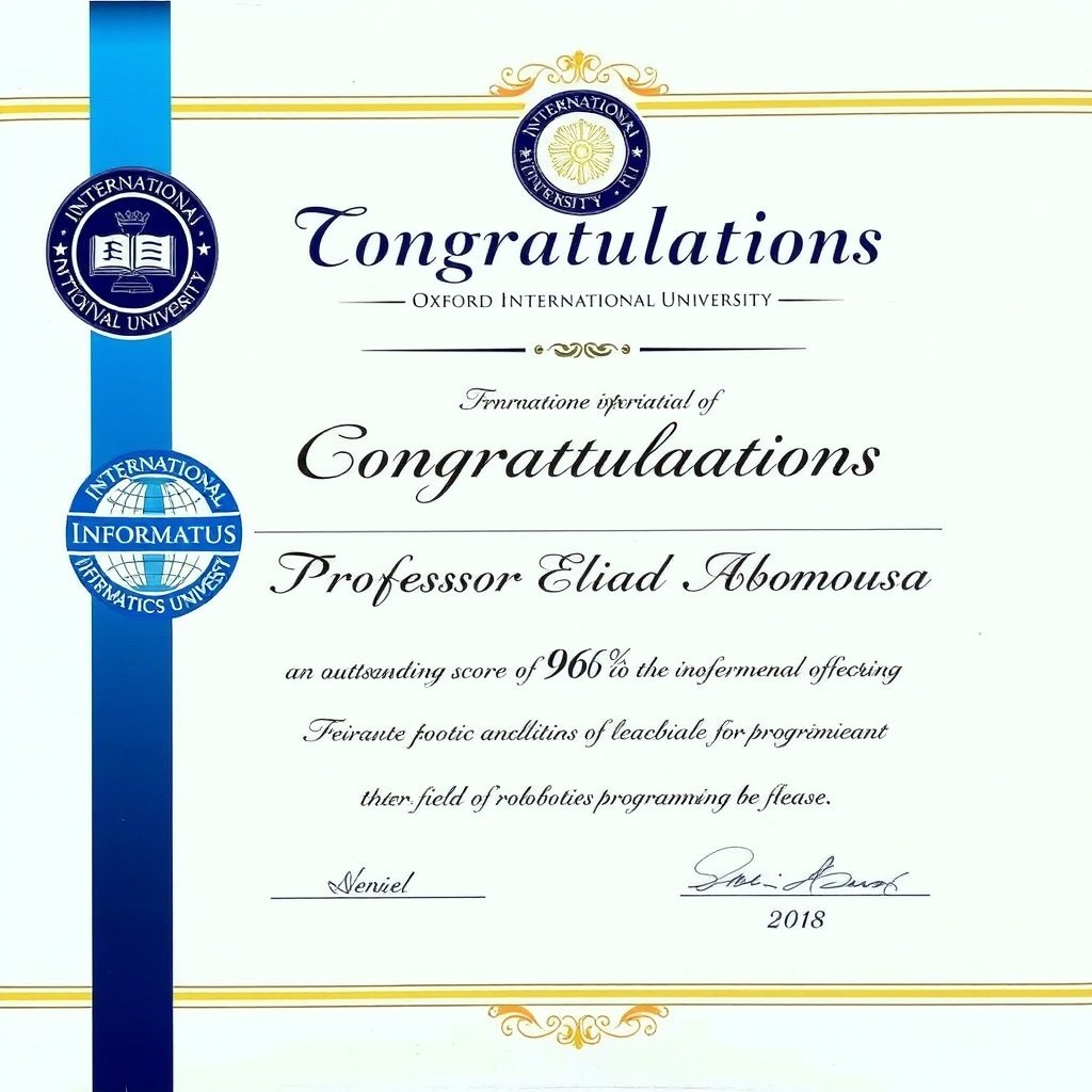 A professionally designed certificate congratulating Professor Elias Zaid Abomousa for achieving an outstanding score of 96% in the field of robotics programming
