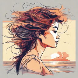 Sketch a detailed image of a side-profile woman during sunset at a beach, her hair imaginatively composed of bright flames.