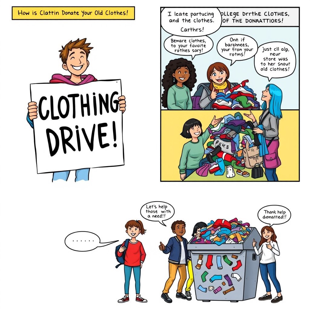 A light-hearted comic strip featuring college students organizing a clothing drive on campus