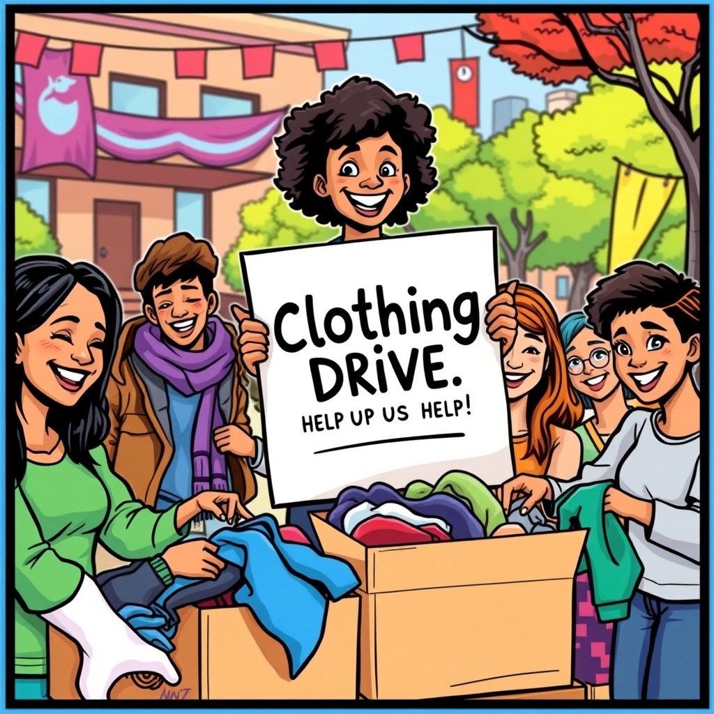 A vibrant comic strip featuring a group of diverse college students collaborating to gather clothing donations for a clothing drive