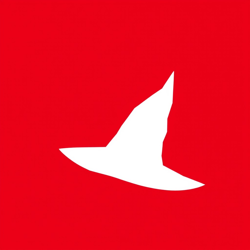 A simple white silhouette of a witch’s pointed hat tilted slightly, creating an air of mystery