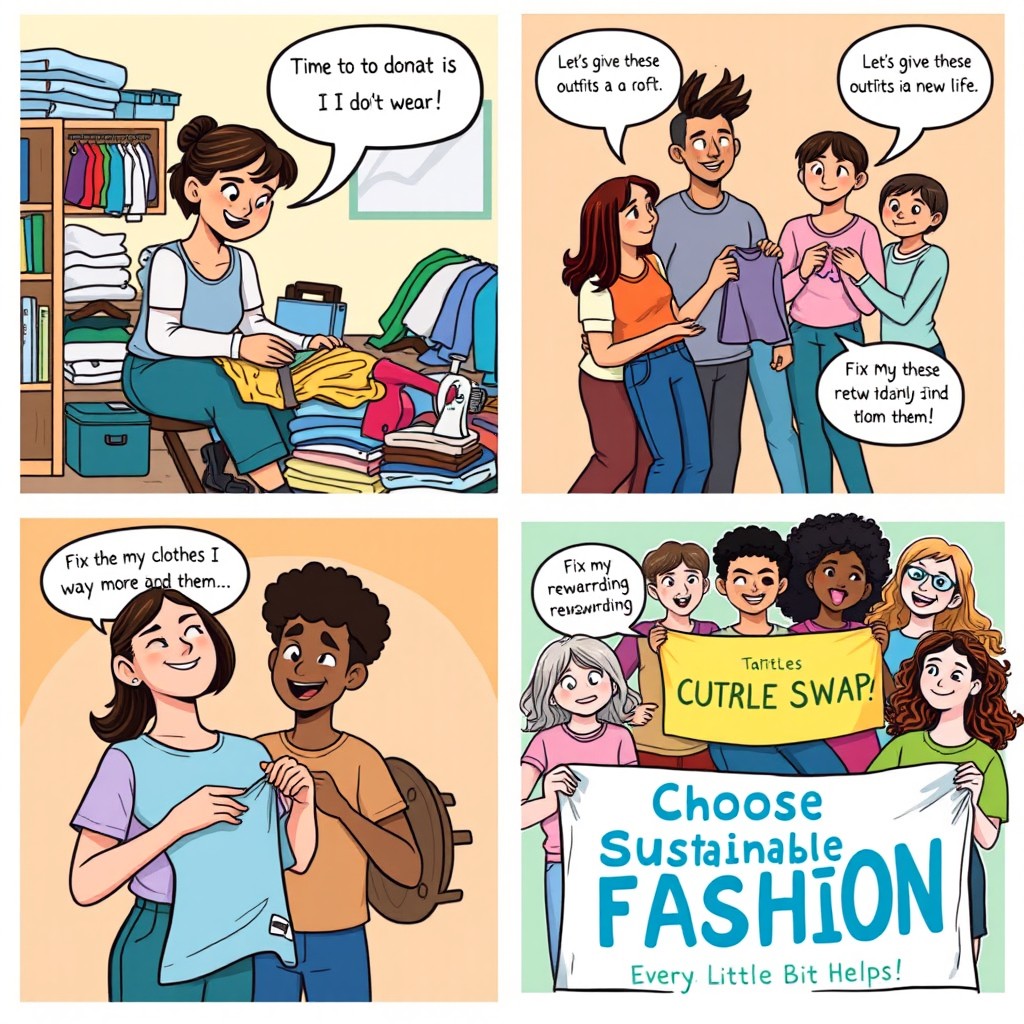 A vibrant comic strip with four panels, each featuring diverse college students engaging in sustainable apparel practices