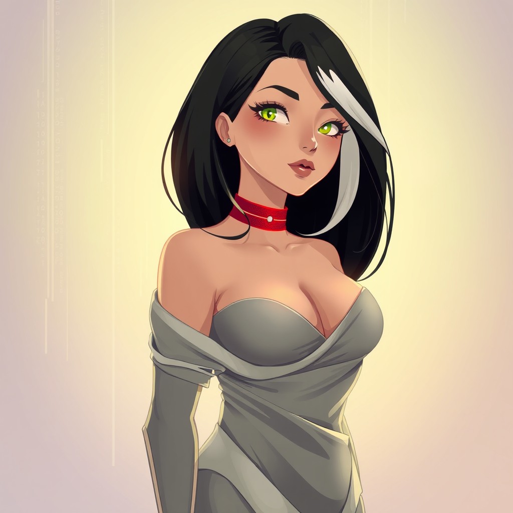 A stylized digital illustration of a futuristic woman standing in soft ambient light