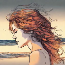 Sketch a detailed image of a side-profile woman during sunset at a beach, her hair imaginatively composed of bright flames.