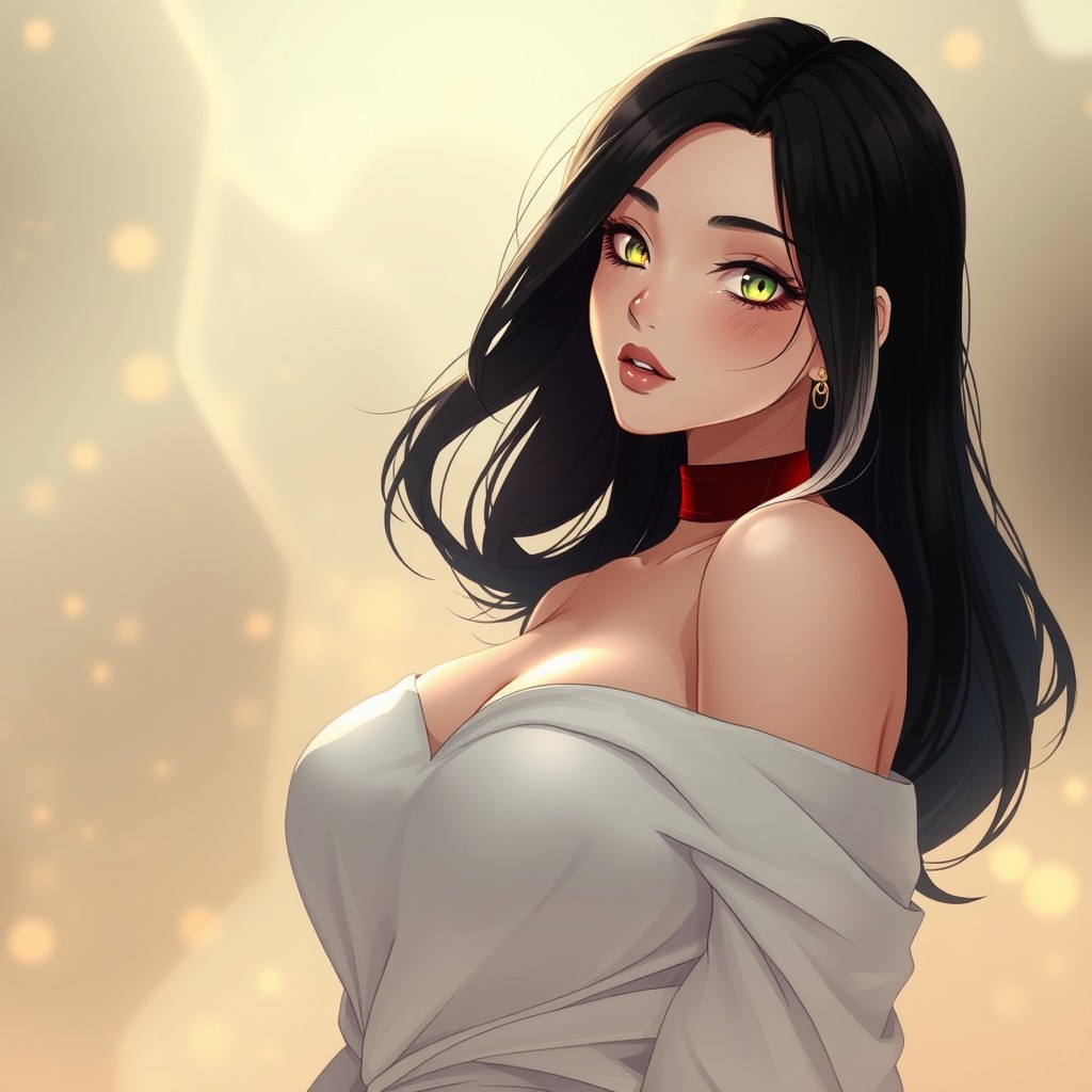 A stylistic digital illustration of a futuristic woman exuding elegance with a fuller, curvy figure