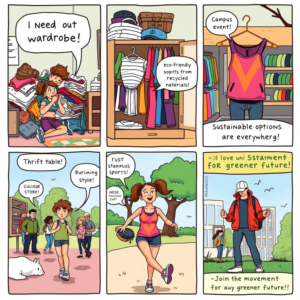 A colorful comic strip designed to encourage college students to adopt sustainable practices in their athletic apparel choices