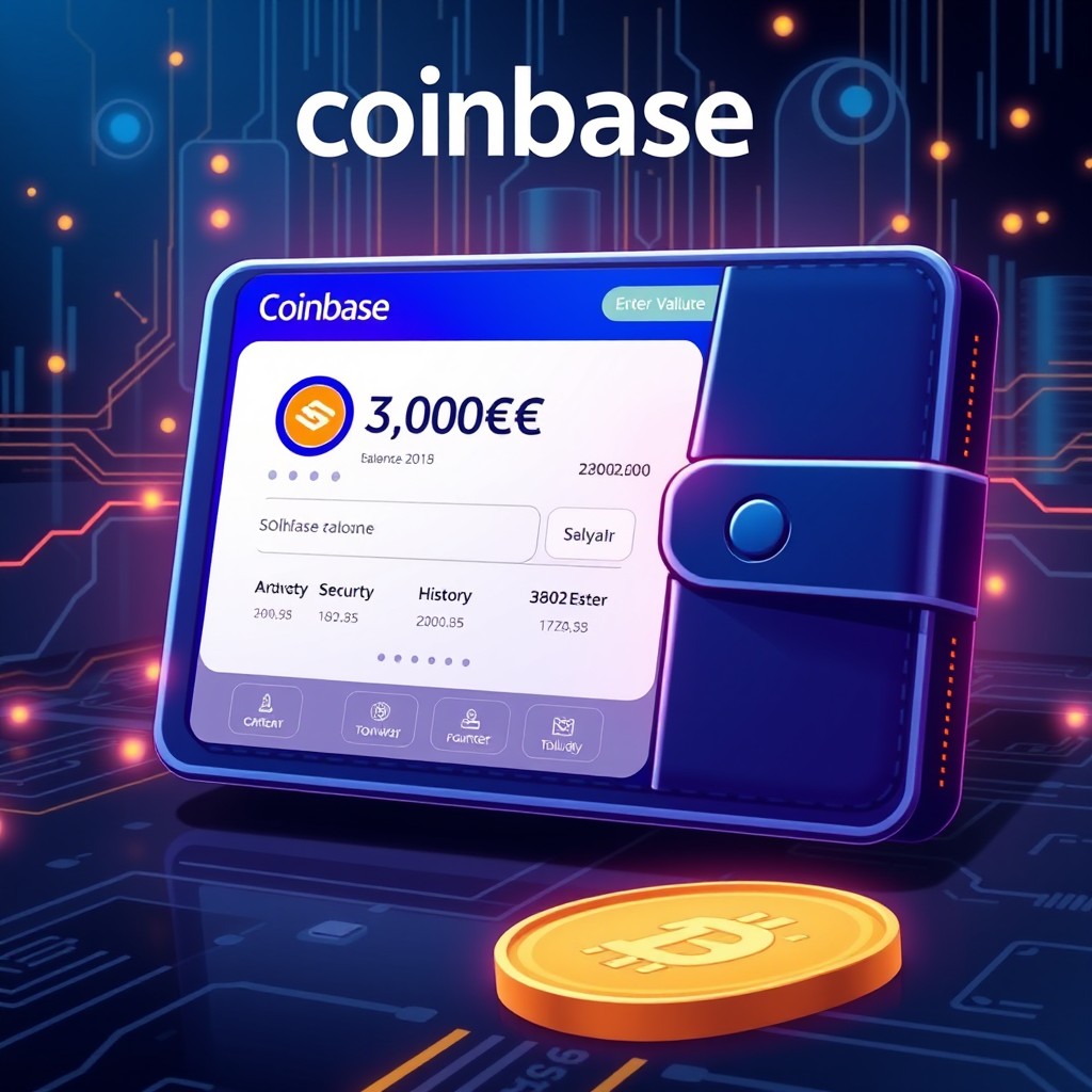 A digital illustration of a cryptocurrency wallet interface showcasing a Coinbase account holding 3000€ worth of Solana (SOL)