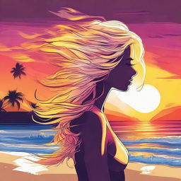 Illustrate a detailed image of a blonde, side-profile woman against the backdrop of a beach sunset, with her hair created from vibrant flames.