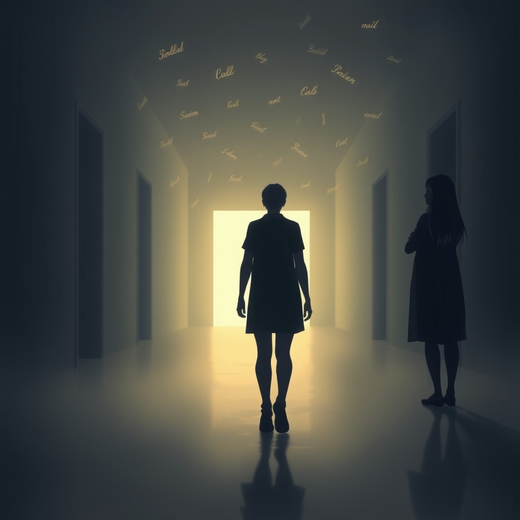 A cinematic digital illustration of a person walking through a vast, softly lit corridor of unknown origin