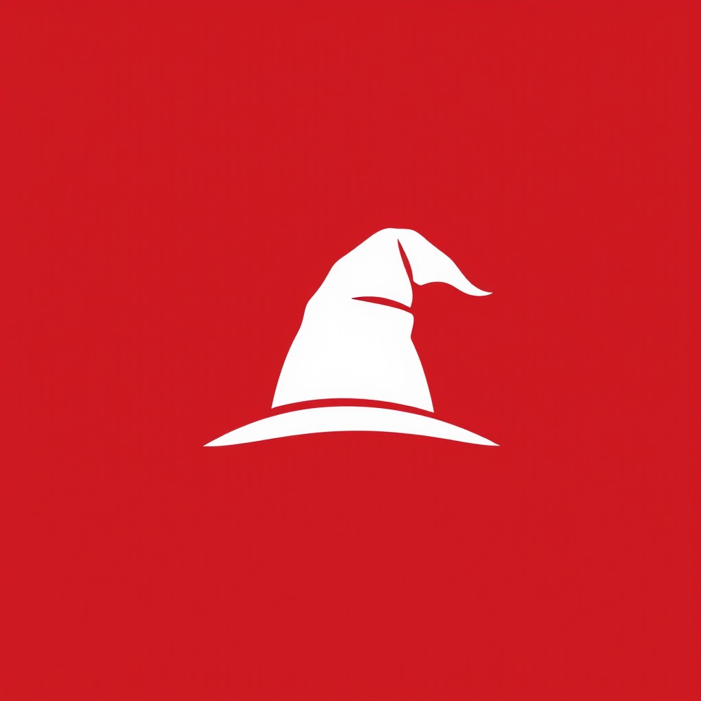 A simple, modern, professional, and minimalist logo showcasing a white silhouette of a wizard hat, prominently displayed on a solid red background