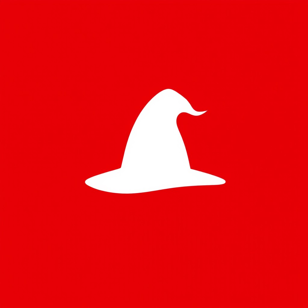 A simple, modern, professional, and minimalist logo that showcases a white silhouette of a wizard hat, prominently placed on a solid red background