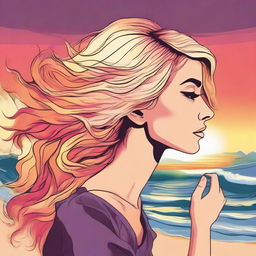 Illustrate a detailed image of a blonde, side-profile woman against the backdrop of a beach sunset, with her hair created from vibrant flames.