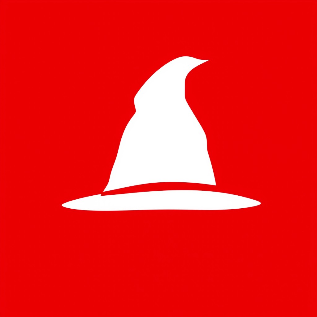 A simple, modern, professional, and minimalist logo that features a white silhouette of a wizard hat on a solid red background